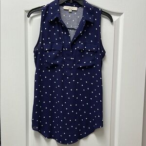 LOFT Polka Dot Navy Button Down Polo Blouse